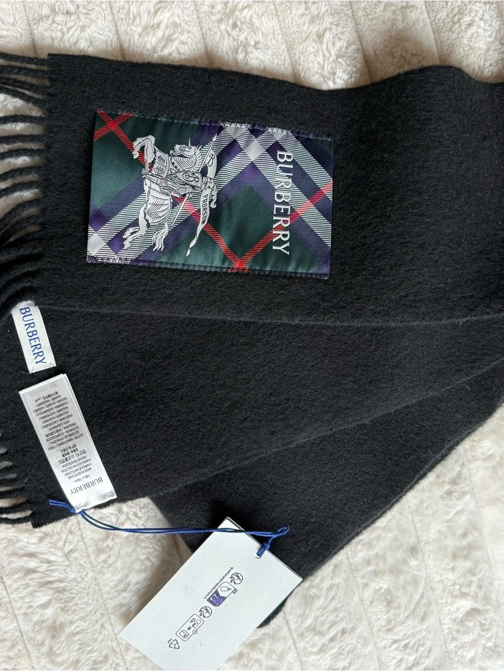 Burberry Equestrian Knight Detail Cashmere Fringe Scarf BLACK NWT